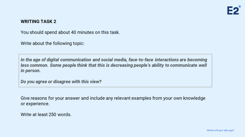 Sample question for IELTS Writing Task 2 showing an agree / disagree essay question.