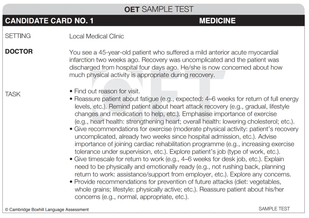 A sample role play card for OET Speaking for Medicine.